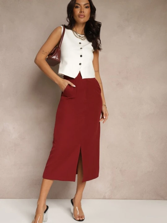 Zdjęcie produktu Bordowa Spódnica Ołówkowa z Wiskozą High Waist z Rozcięciem Semivinia Lovery