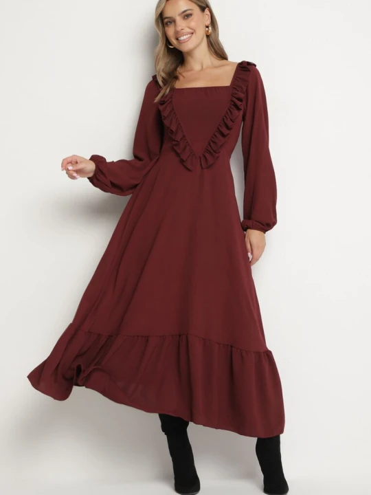 Zdjęcie produktu Bordowa Sukienka Długa Rozkloszowana z Ozdobnymi Falbankami Ferellia Fashion Station