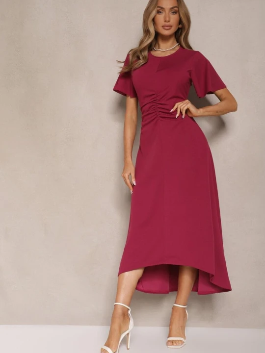 Zdjęcie produktu Bordowa Sukienka o Rozkloszowanym Kroju z Marszczeniem Odarene Lovery