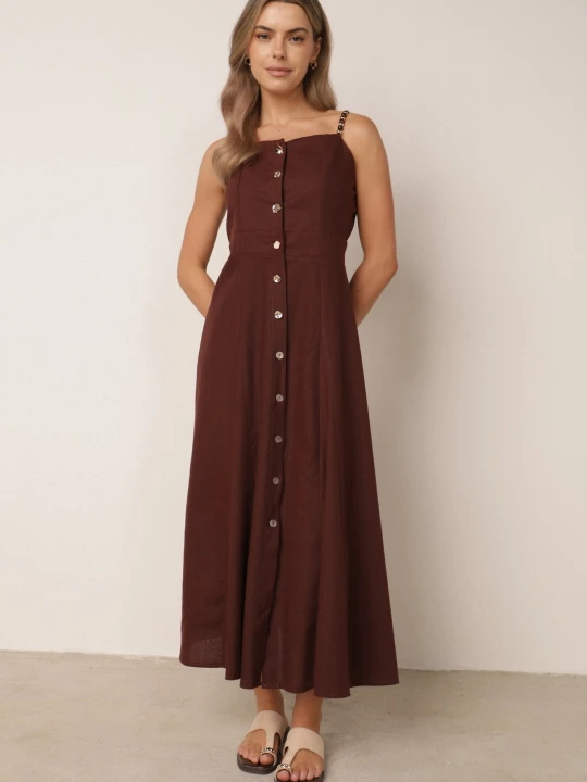 Zdjęcie produktu Bordowa Sukienka z Wiskozą Lnem i Koralikami na Ramiączkach Coranella M&d Fashion