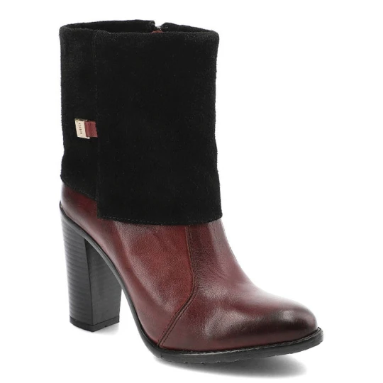 Zdjęcie produktu Botki damskie Carinii, skórzane i eleganckie, bordowo-czarne, B2344_B36-063-PLO-927