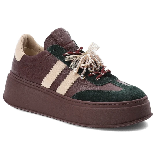 Zdjęcie produktu Sneakersy damskie Chebello, skórzane na grubej podeszwie z ozdobą z okrągłym noskiem sznurowane, bordowe, 4805-148-536