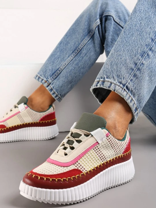 Zdjęcie produktu Bordowe Sneakersy na Platformie Ozdobione Tweedowymi Wstawkami i Cyrkoniami Eganna