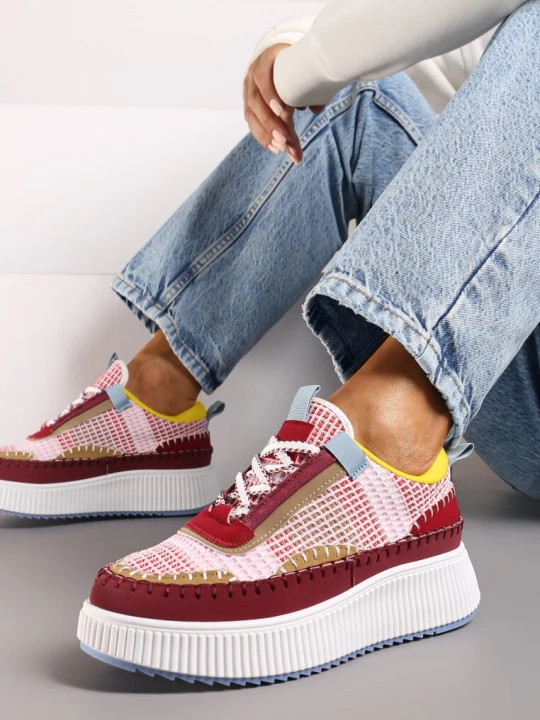 Zdjęcie produktu Bordowe Sneakersy na Platformie Wykończone Przeszyciami Terionna