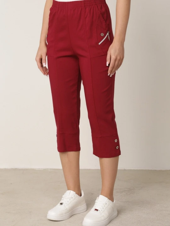 Zdjęcie produktu Bordowe Spodnie 3/4 z Elastyczną Gumką w Pasie i Suwakami Leazira New Fashion