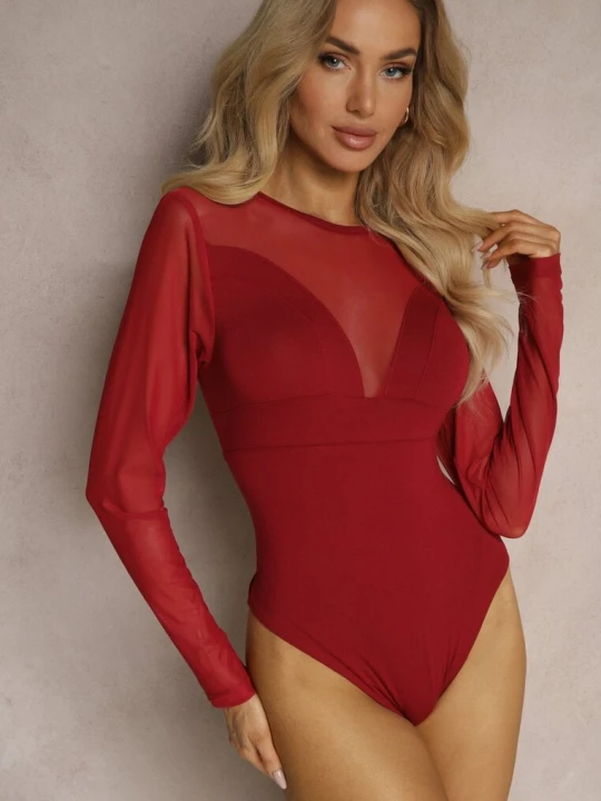 Zdjęcie produktu Bordowe Wiskozowe Body z Transparentnymi Wstawkami i Zapięciem na Haftki Maivia