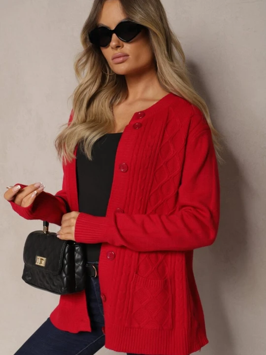 Zdjęcie produktu Bordowy Casualowy Kardigan z Bawełną z Kieszonkami Ozdobiony Tłoczeniem Mevanille J&x