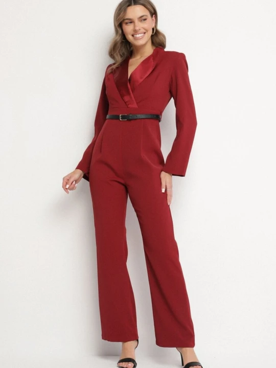 Zdjęcie produktu Bordowy Elegancki Kombinezon o Taliowanym Kroju z Szerokimi Nogawkami Lirraza Retro & Icone