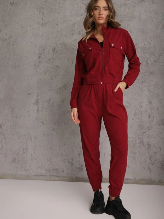 Zdjęcie produktu Bordowy Komplet Dresowy w Prążki Bluza Kurtka Rozpinana z Kołnierzykiem i Spodnie Lisulla Defox