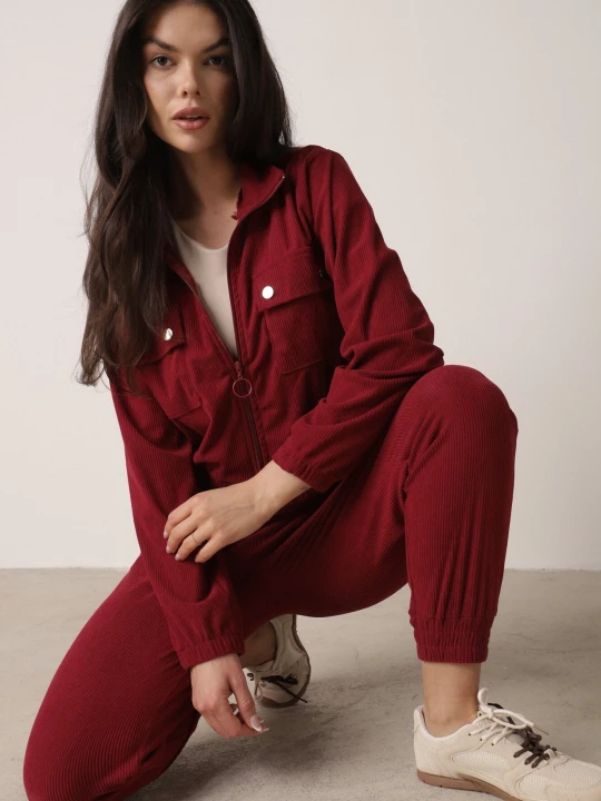 Zdjęcie produktu Bordowy Komplet Dresowy z Prążkowanego Materiału Bluza z Kołnierzykiem i Spodnie z Gumką w Pasie Kerulla Defox