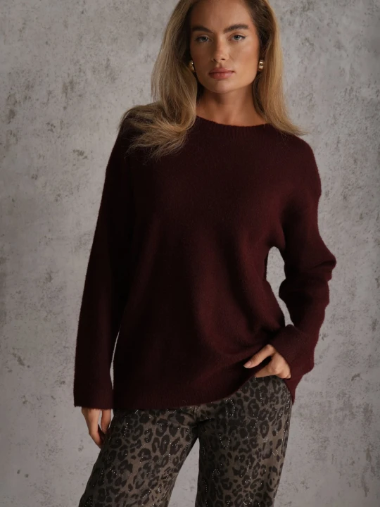 Zdjęcie produktu Bordowy Sweter Oversize z Bawełną i Wełną Typu Basic Oseani J&x