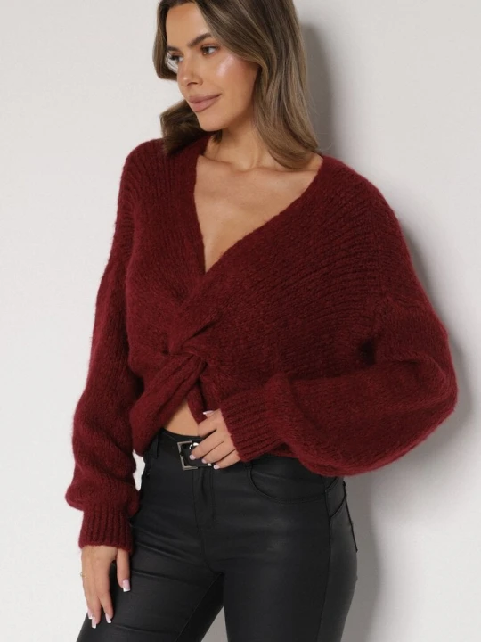 Zdjęcie produktu Bordowy Sweter Oversize z Domieszką Wełny z Oryginalnym Dekoltem Lawedia Jumelle