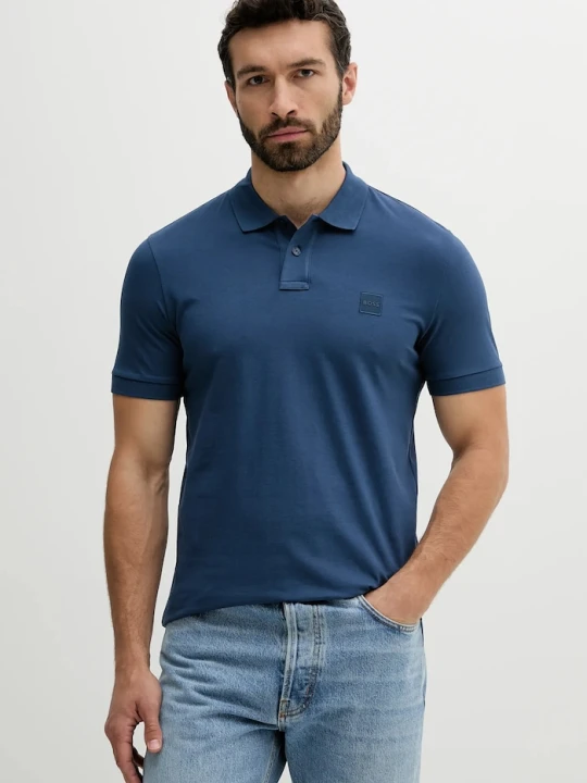 Zdjęcie produktu BOSS Orange polo męskie bawełniane z elastanem Passenger niebieski