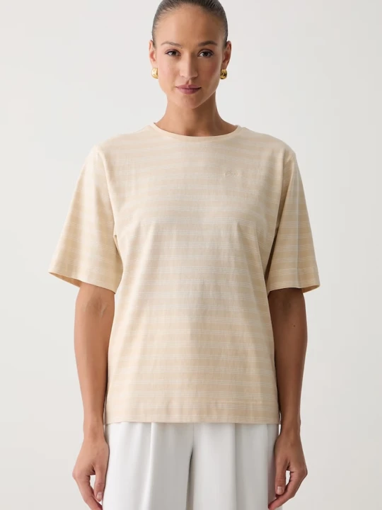 Zdjęcie produktu BOSS Orange T-shirt oversize damski bawełniany C_Eregular_stripe_1 beżowy