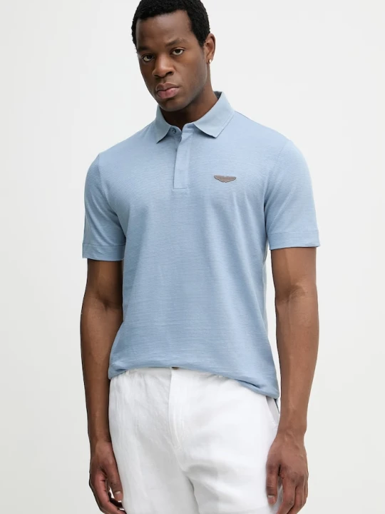 Zdjęcie produktu BOSS polo męskie z lnem BOSS X ASTON MARTIN niebieski