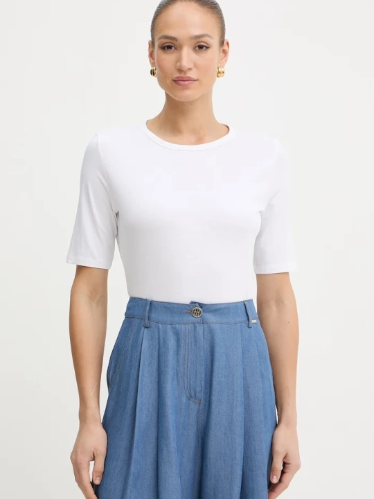 Zdjęcie produktu BOSS t-shirt basic damski z dodatkiem jedwabiu Evyta biały