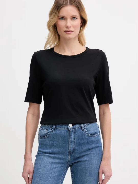 Zdjęcie produktu BOSS t-shirt basic damski z dodatkiem jedwabiu Evyta czarny