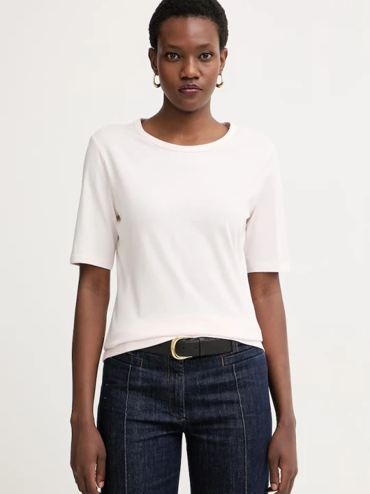 Zdjęcie produktu BOSS t-shirt basic damski z dodatkiem jedwabiu Evyta różowy