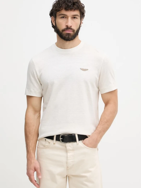 Zdjęcie produktu BOSS T-shirt męski z dodatkiem lnu BOSS X ASTON MARTIN beżowy