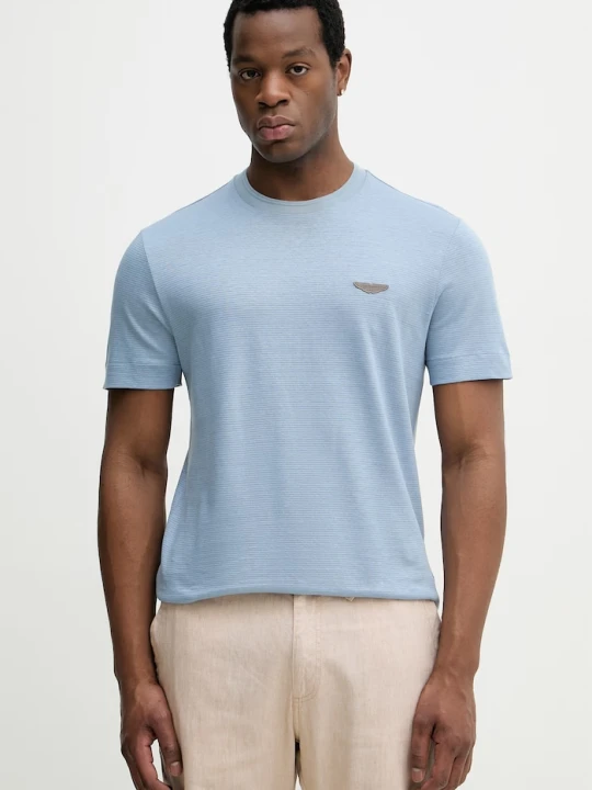 Zdjęcie produktu BOSS T-shirt męski z dodatkiem lnu BOSS X ASTON MARTIN niebieski