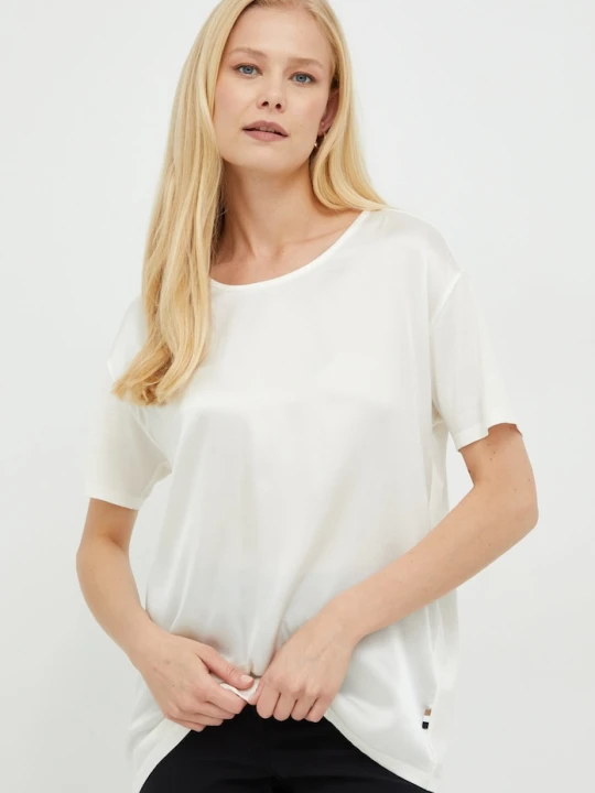 Zdjęcie produktu BOSS t-shirt z domieszką jedwabiu Esandy beżowy