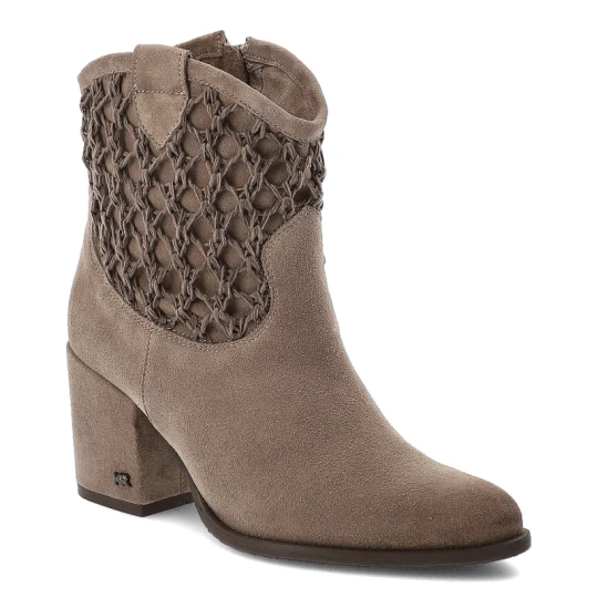 Zdjęcie produktu Botki damskie Karino, na obcasie zamszowe boho skórzane z siateczką i zapinane na suwak, taupe, 5868-008 beżowy