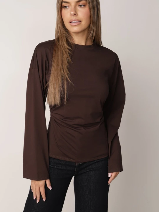 Zdjęcie produktu Brązowa Bawełniana Bluzka Typu Kimono Marszczona w Talii Obrazia Jumelle