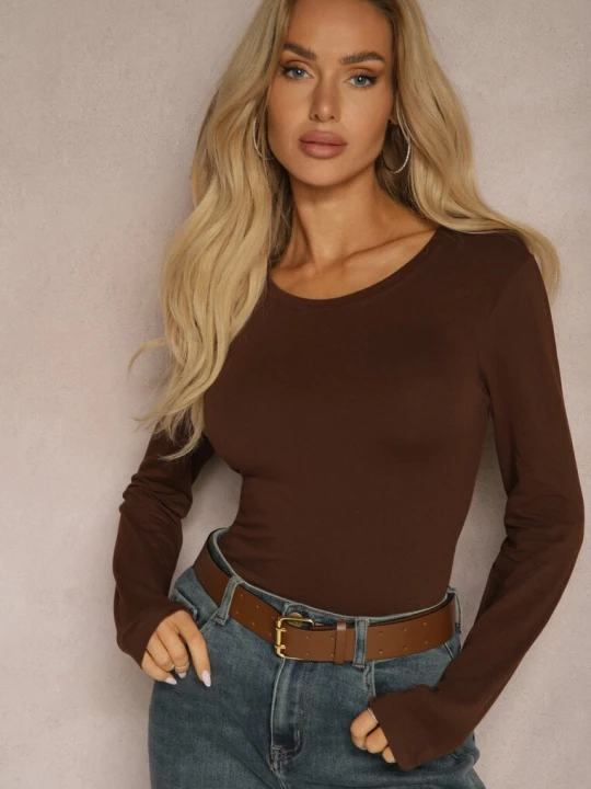 Zdjęcie produktu Brązowa Bawełniana Bluzka Typu Longsleeve z Okrągłym Dekoltem Tiathaliea Glo-story