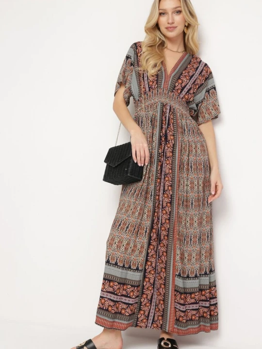 Zdjęcie produktu Brązowa Boho Sukienka z Szerokimi Rękawami z Gumką w Pasie i Wiązaniem na Plecach Piomina Sweet&girl