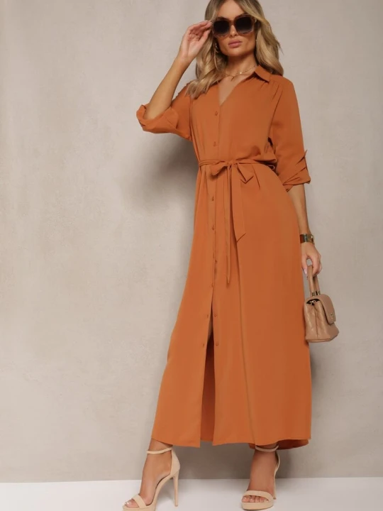 Zdjęcie produktu Brązowa Casualowa Sukienka Koszulowa na Guziki z Kieszeniami Jezebel Unigirl