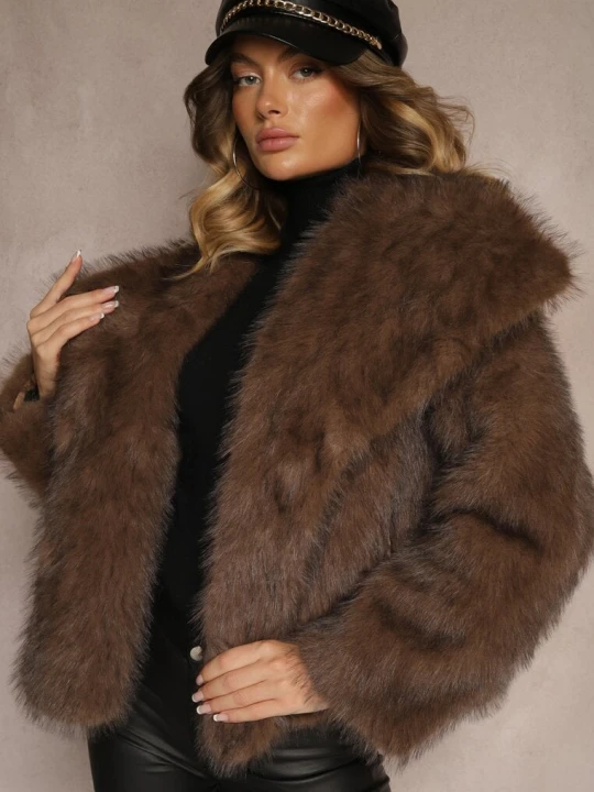 Zdjęcie produktu Brązowa Elegancka Kurtka Futerko z Kołnierzem Vertirida Belcci