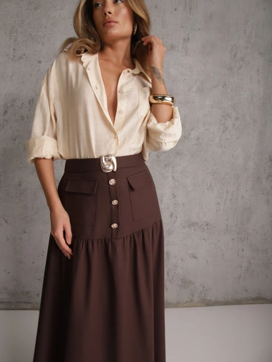 Zdjęcie produktu Brązowa Elegancka Spódnica z Wiskozą i Lnem o Rozkloszowanym Kroju Phridoe M&d Fashion