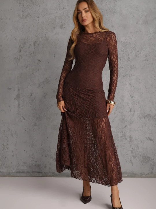 Zdjęcie produktu Brązowa Elegancka Sukienka z Koronki z Odkrytymi Plecami Lilafera Elsa.m By May