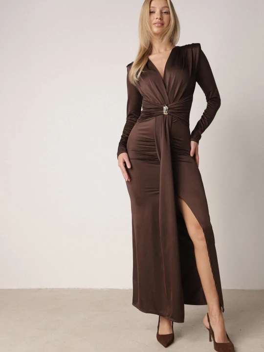 Zdjęcie produktu Brązowa Elegancka Sukienka z Trenem i Rozcięciem Atissa Allyson