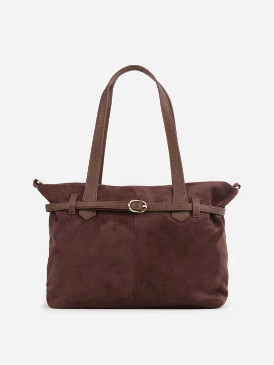 Zdjęcie produktu Brązowa Elegancka Torebka Shopper Bag o Fakturze Zamszu z Paskiem z Klamerką Mudrey Caely