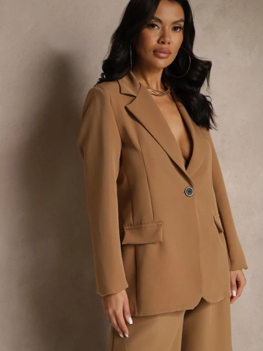 Zdjęcie produktu Brązowa Jednorzędowa Marynarka o Klasycznym Kroju Zdobiona Imitacją Kieszeni Zenzeri New Collection