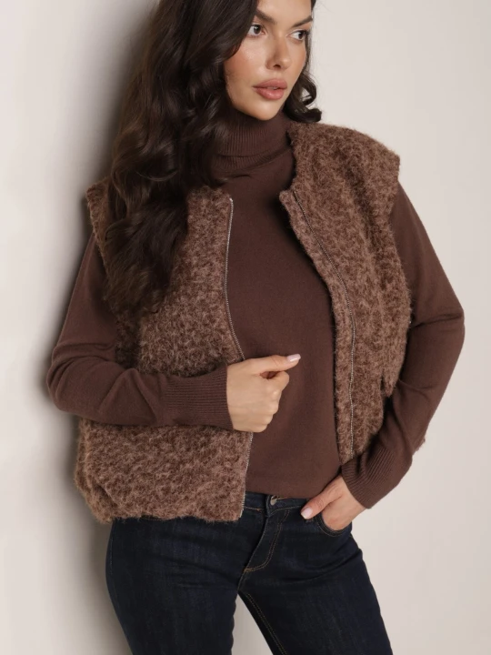 Zdjęcie produktu Brązowa Kamizelka Casualowa w Stylu Boucle na Zimę z Kieszonkami Naatoka Retro & Icone