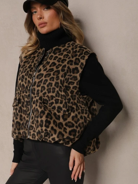 Zdjęcie produktu Brązowa Kamizelka z Dodatkiem Lnu Oversize w Panterkę Enarielin Belcci