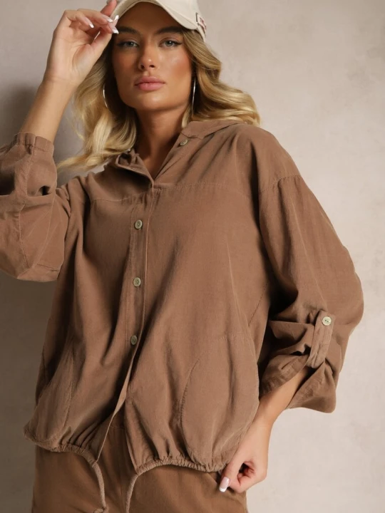 Zdjęcie produktu Jasnobrązowa Koszula z Bawełny o Luźnym Kroju z Kapturem i Ściągaczem Felanira New Collection Brązowy