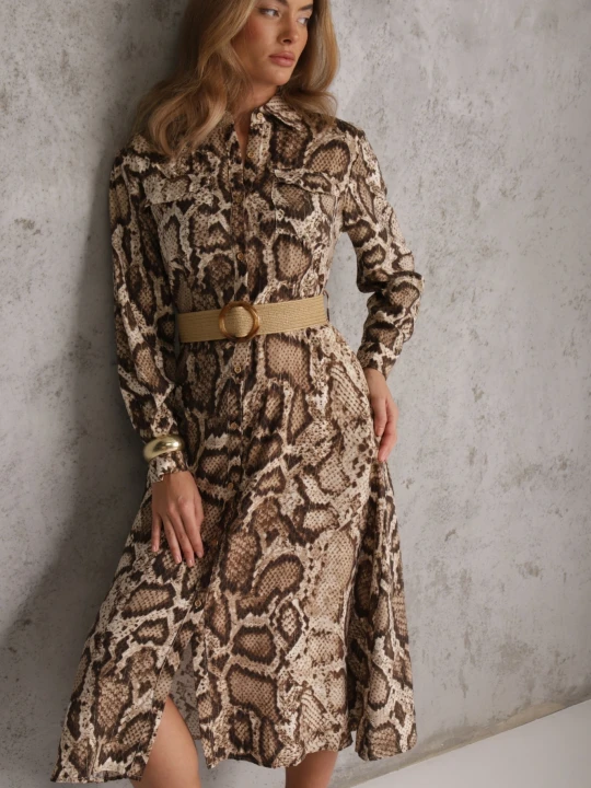 Zdjęcie produktu Brązowa Koszulowa Sukienka Snake Print z Wiskozą i Paskiem Bririn Rosa