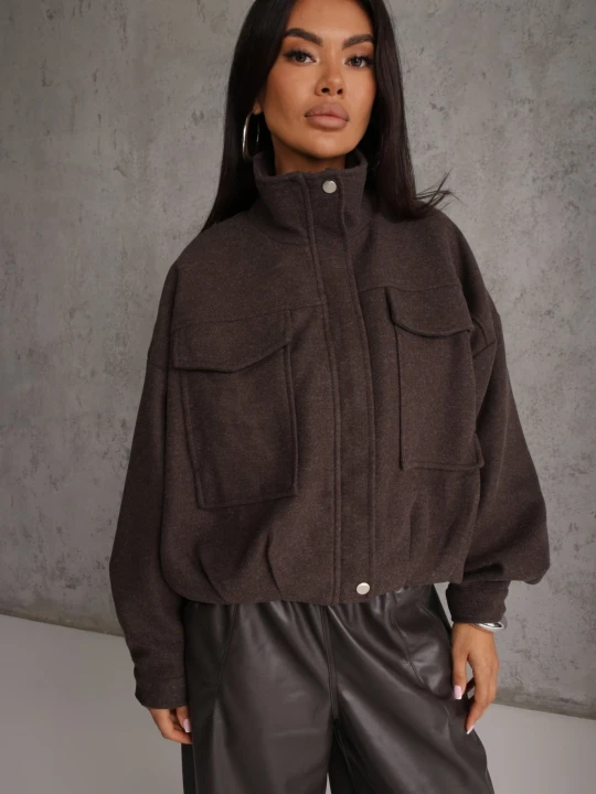 Zdjęcie produktu Brązowa Kurtka Przejściowa Bomber Jacket ze Stójką z Tkaniny Flauszowej z Wiskozą Havenitta Retro & Icone