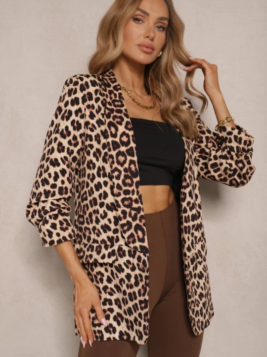 Zdjęcie produktu Beżowa Marynarka z Krótszymi Rękawami 3 / 4 w Panterkę Pudełkowa Tormille New Collection Brązowy