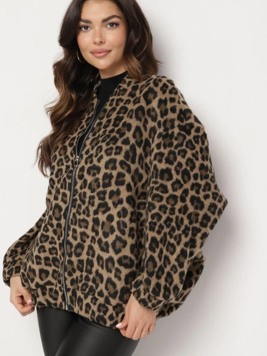 Zdjęcie produktu Brązowa Panterkowa Bluza z Dodatkiem Lnu o Kroju Oversize Sintirra Belcci