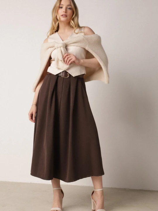 Zdjęcie produktu Brązowa Rozkloszowana Spódnica z Wiskozą Zdobiona Paskiem z Klamrą Tinevia New Collection