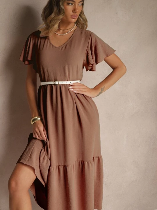 Zdjęcie produktu Brązowa Rozkloszowana Sukienka z Wiskozą w Casualowym Stylu Filarenna Ann Gissy