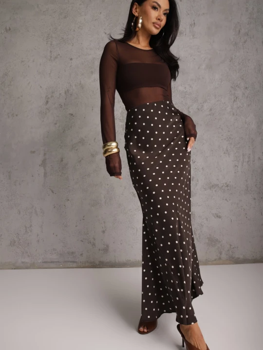 Zdjęcie produktu Brązowa Spódnica High Waist w Kropki o Trapezowym Kroju Ravea Bisou's Project