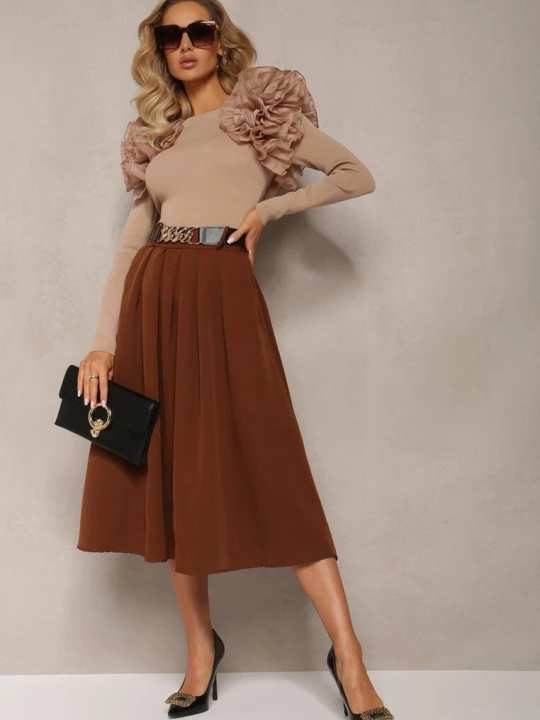 Zdjęcie produktu Brązowa Spódnica Rozkloszowana z Paskiem Tenga Lily Rose
