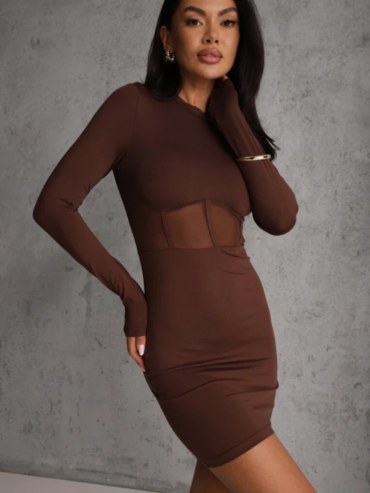 Zdjęcie produktu Brązowa Sukienka Vices Bodycon z Transparentną Wstawką Typu Gorset Necotte