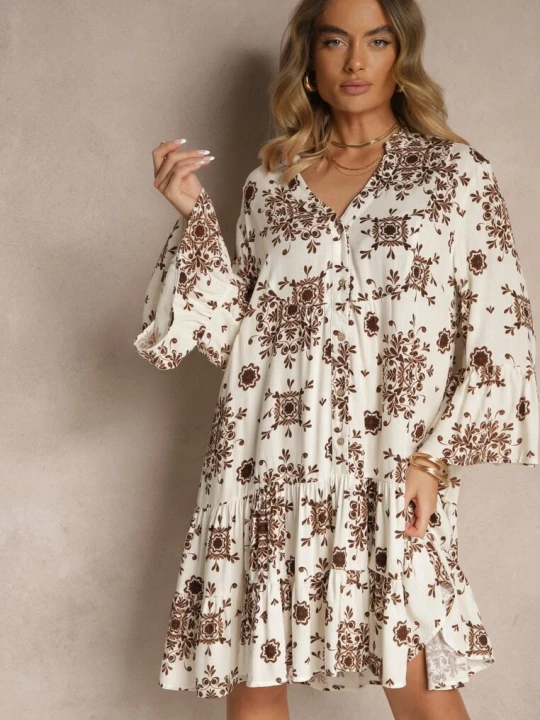 Zdjęcie produktu Brązowa Sukienka z Wiskozy Ozdobiona Geometrycznym Motywem Filionea M&d Fashion