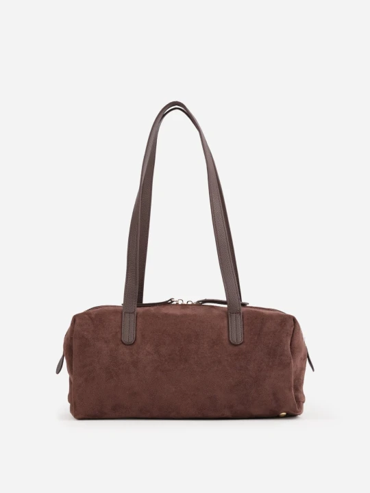 Zdjęcie produktu Brązowa Torebka Bowling Bag na Ramię o Fakturze Zamszu Aelaril Caely